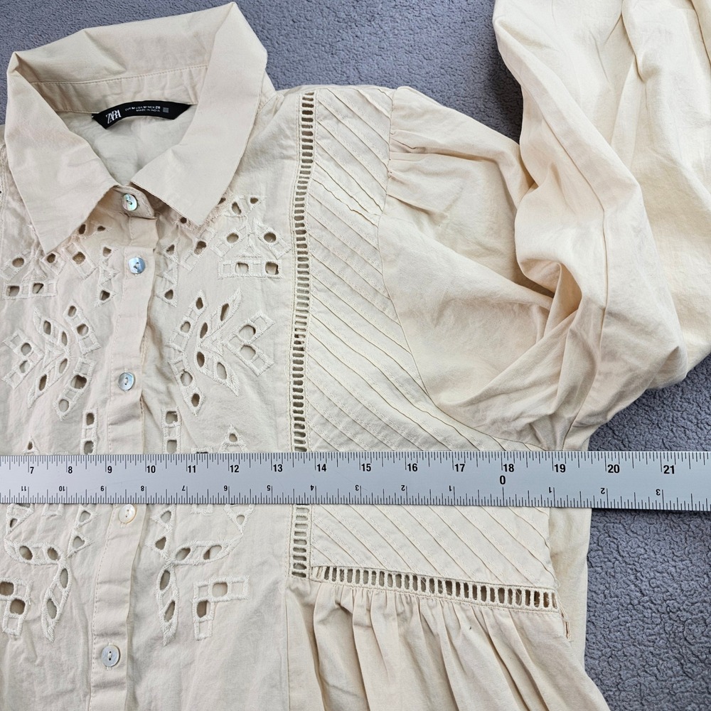 Zara Shirt Dress Womens Medium Cream Eyelet Embroidered Long Sleeve Button-Front - Picture 5 of 8